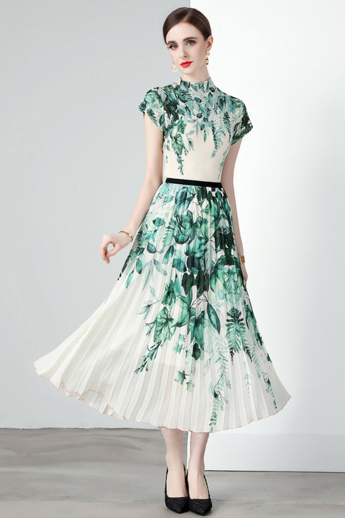 Stunning Splendid Autumn Print Stretchable Two-Piece Set, Mock Neck Top + Pleated Long Skirt, Holiday Chic Casual & Formal Women Dress